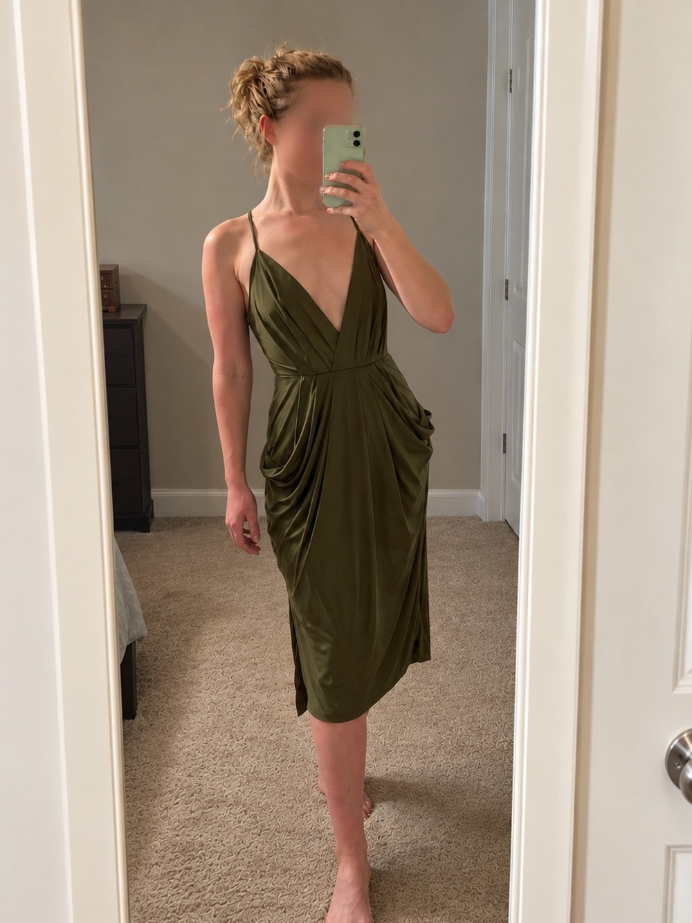 BCBGeneration Olive Green Draped Plunge V Neck Midi Dress Size S